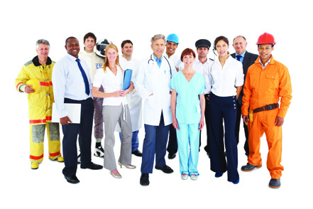Portrait of people from different professions standing together on white