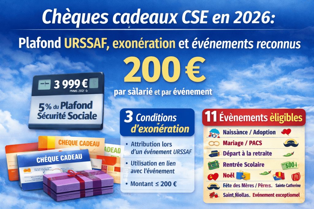 Chèques cadeaux CSE et URSSAF 2026 : plafond, exonération et événements