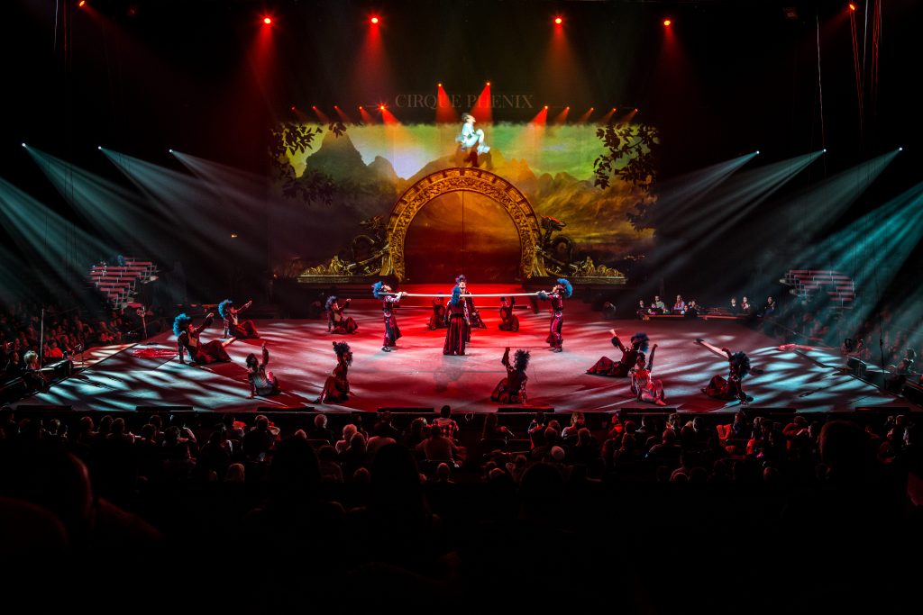 cirque de Noël pour l'arbre de Noël CSE — acrobates et numéros sous chapiteau illuminé