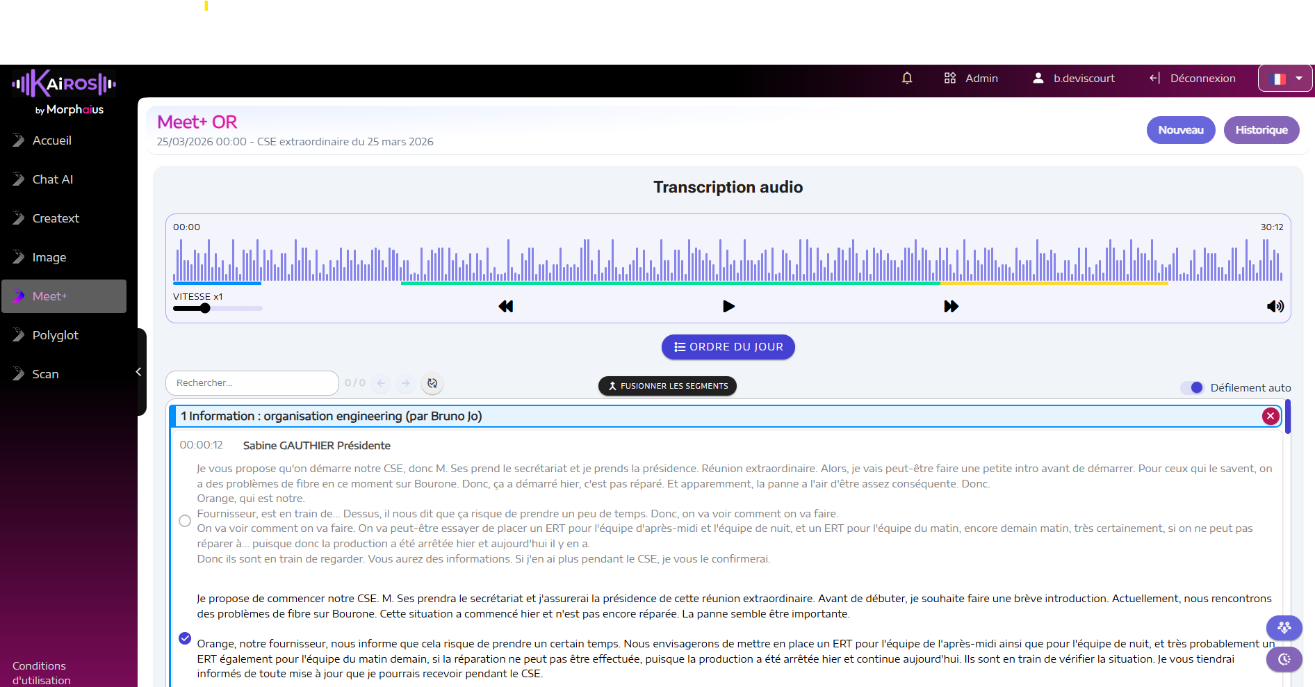 Plateforme Kairos AB Report, transcription audio pour PV CSE avec IA française