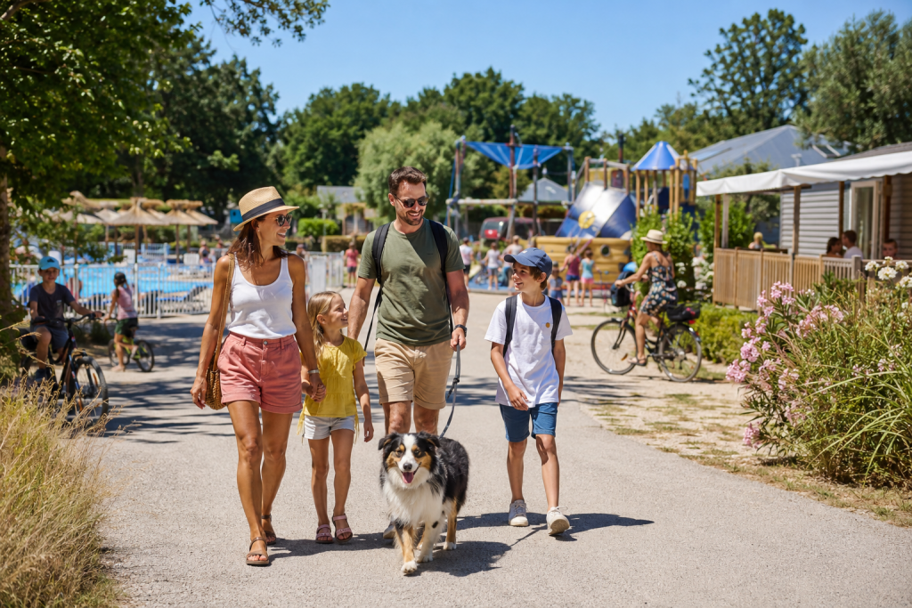 Famille en vacances dans un camping acceptant les animaux avec Camping and Co